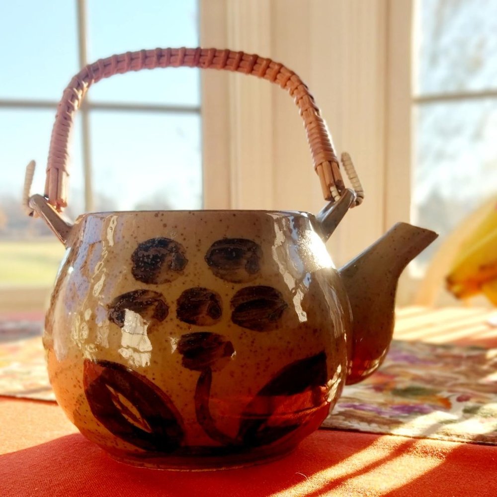 Japanese Inspired, Hand Painted, Floral Tea Kettle, Unmarked, Speckled Stoneware
